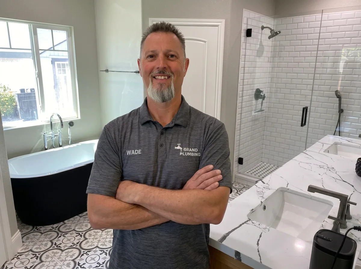 Wade Grand, owner of Grand Plumbing, standing proudly in a newly remodeled bathroom in Highland, CA